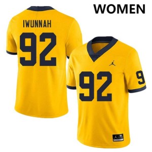 Women's Ike Iwunnah Yellow Michigan Wolverines #92 College Football Embroidery Jersey 127805-201